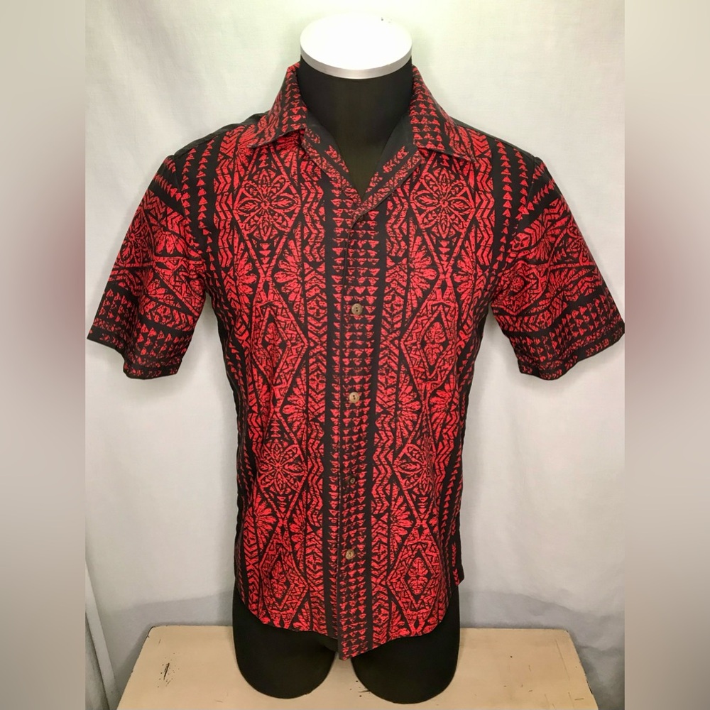 Aloha Fabrics Hawaii US.A Shirt Black Red Small Aloha Friday Tiki Tapa Pattern